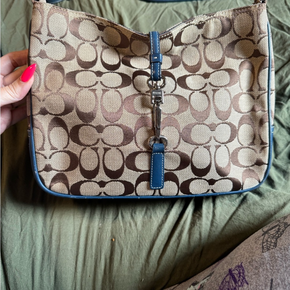 Coach Blue Trim Hobo Bag with Signature Monogram